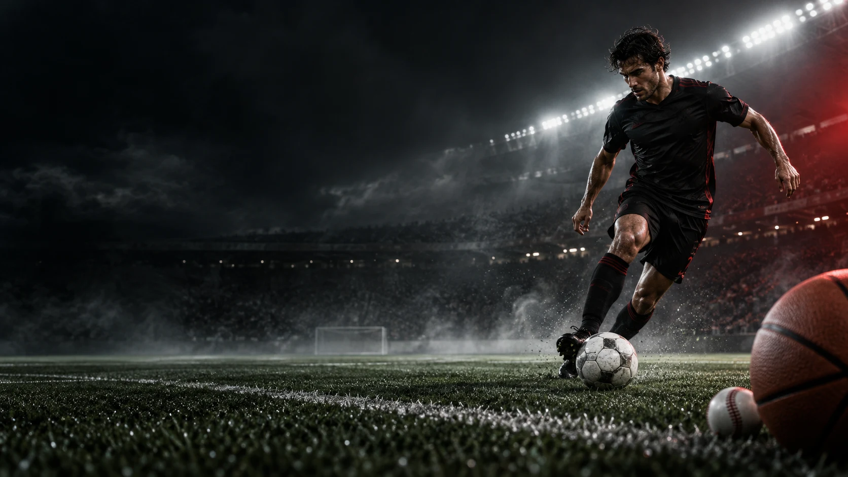 Soccer athlete on a floodlit field, with basketball and baseball in the foreground