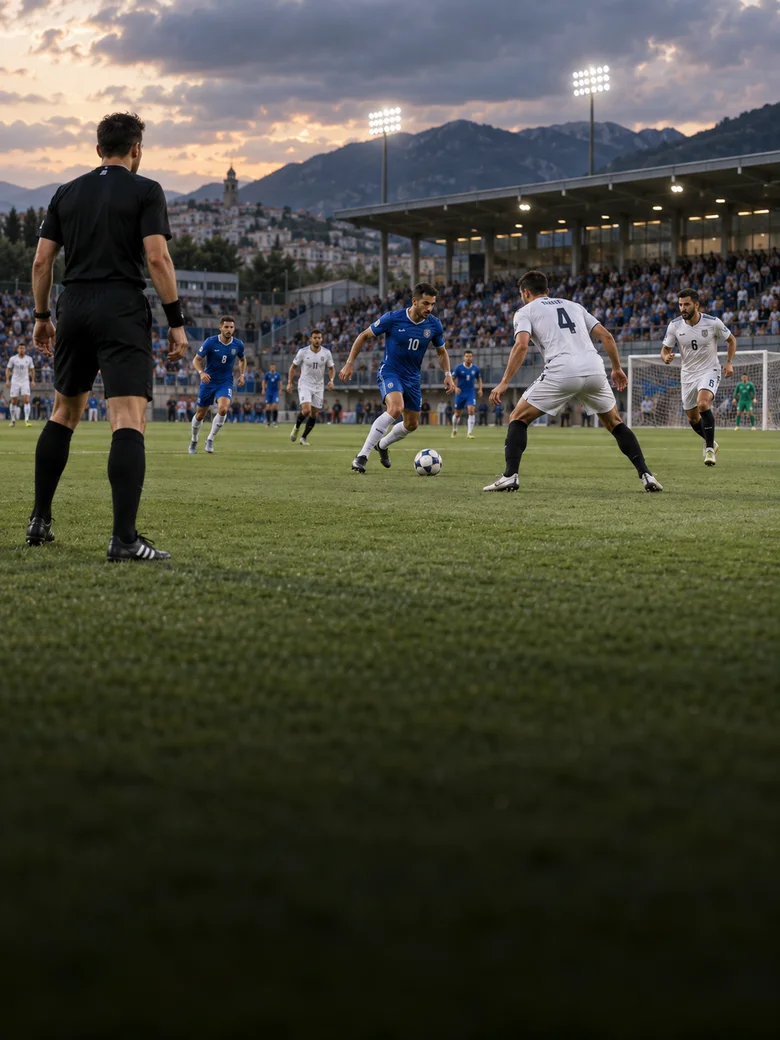 Soccer league match with a referee and competing teams