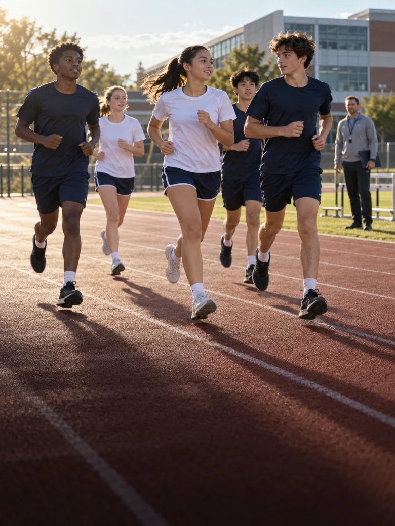 Students running together on a school athletics track