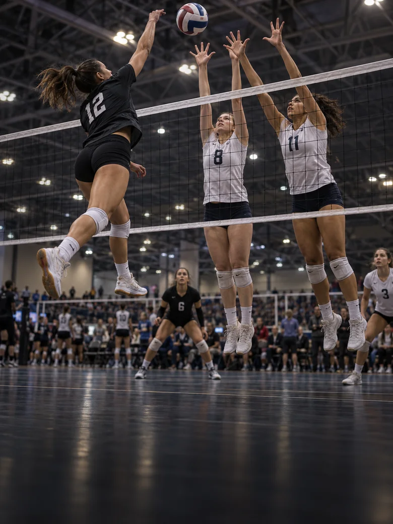 Volleyball players competing at an indoor tournament